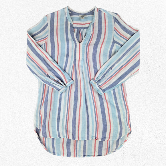 L.L. Bean 100% Linen Blue White Stripe Tunic Long Sleeve Summer Shirt Size Small - Picture 2 of 7